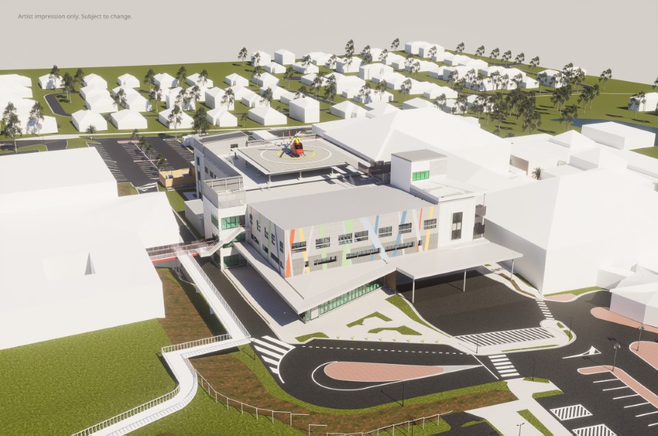 Artist impression of the Hervey Bay Hospital expansion showing a modern multi-storey hospital building with a rooftop helipad, new entry forecourt and road access, set within a surrounding residential area.