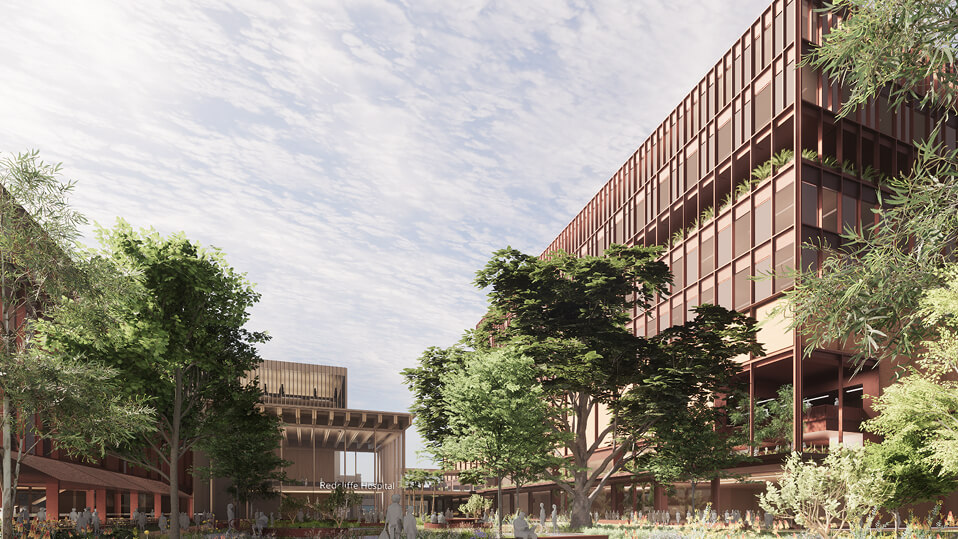 Artist impression of landscaped courtyard spaces between new Redcliffe Hospital buildings with trees and seating.