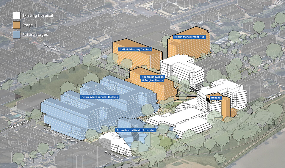 Diagram showing the Cairns Hospital expansion with existing buildings in white and a new helipad tower highlighted in orange.