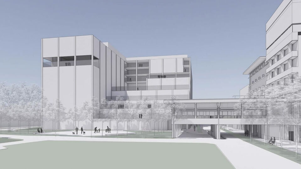 Concept sketch of the planned Redcliffe Hospital expansion showing a modern clinical building connected by a pedestrian walkway.