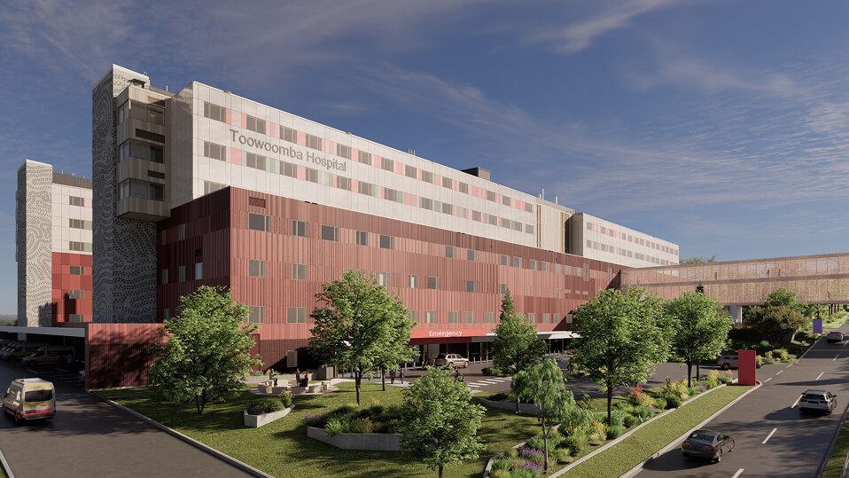 Artist impression of the new Toowoomba Hospital showing a large modern building with landscaped gardens and vehicle access.