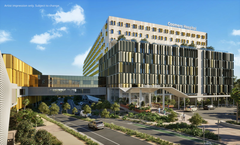 Artist impression of the main entrance to the new Coomera Hospital, with the hospital building, covered entry and surrounding roads and landscaping.