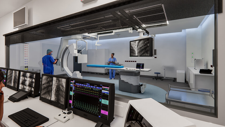 Artist impression of a cardiac hybrid theatre viewed from the control room, showing medical staff and advanced imaging equipment.